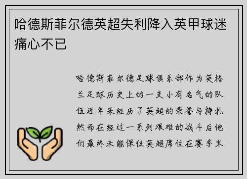哈德斯菲尔德英超失利降入英甲球迷痛心不已 哈德斯菲尔德英超失利降入英甲球迷痛心不已